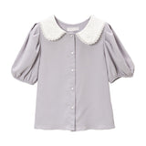 【メール便】ローズ刺繍丸襟ブラウス