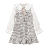 大きめ丸襟ビジューリボンツイードワンピ