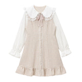 大きめ丸襟ビジューリボンツイードワンピ