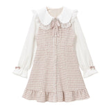 大きめ丸襟ビジューリボンツイードワンピ