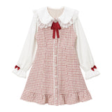 大きめ丸襟ビジューリボンツイードワンピ