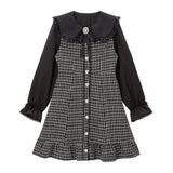 大きめ丸襟ビジューリボンツイードワンピ