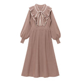 ボウタイニットフレアロングワンピース