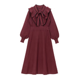 ボウタイニットフレアロングワンピース