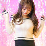 オフショルバイカラーリブニットトップス