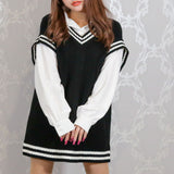 ボリューム袖Vネックニットベスト付ワンピース