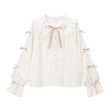 レースちら見せ袖の丸襟リボンブラウス
