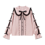 レースちら見せ袖の丸襟リボンブラウス