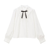 【メール便】スタンド襟Vヨークレースフリルブラウス