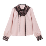 【メール便】スタンド襟Vヨークレースフリルブラウス