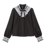 【メール便】スタンド襟Vヨークレースフリルブラウス