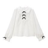 3連リボンレースヨークブラウス