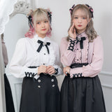 ハイネックカフスレースアップブラウス