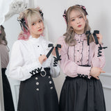 ハイネックカフスレースアップブラウス