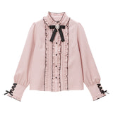 ハイネックカフスレースアップブラウス