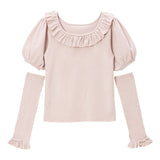 アームカバーフリル襟パフニットトップス