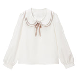 【メール便】リボンタイ付パイピングダブル襟ブラウス