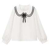 【メール便】リボンタイ付パイピングダブル襟ブラウス