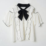 ボウタイフリフリ肩開き半袖ブラウス