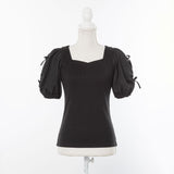 ダブルリボンオープンパフ袖カットソー