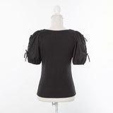 ダブルリボンオープンパフ袖カットソー