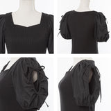 ダブルリボンオープンパフ袖カットソー