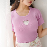 【メール便】バストハート開きクルーネックリブ半袖ニットトップス