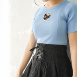 【メール便】バストハート開きクルーネックリブ半袖ニットトップス