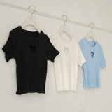 【メール便】バストハート開きクルーネックリブ半袖ニットトップス