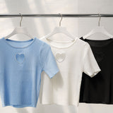 【メール便】バストハート開きクルーネックリブ半袖ニットトップス