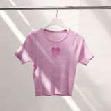 【メール便】バストハート開きクルーネックリブ半袖ニットトップス