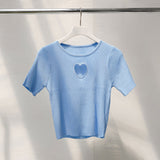 【メール便】バストハート開きクルーネックリブ半袖ニットトップス