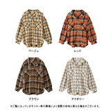 チェック開襟ボリュームスリーブブラウスシャツ