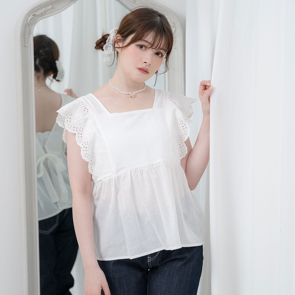 コットンレースバックリボンブラウス | TOPS | OBLI
