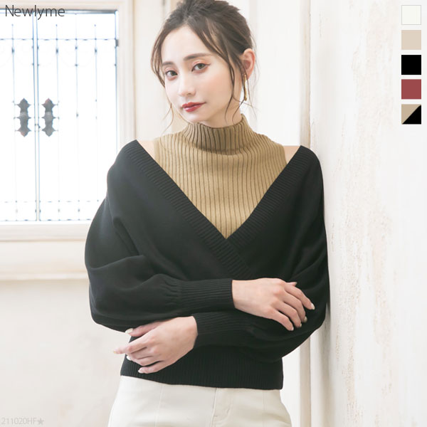 レイヤード風カシミヤタッチカシュクールニットトップス