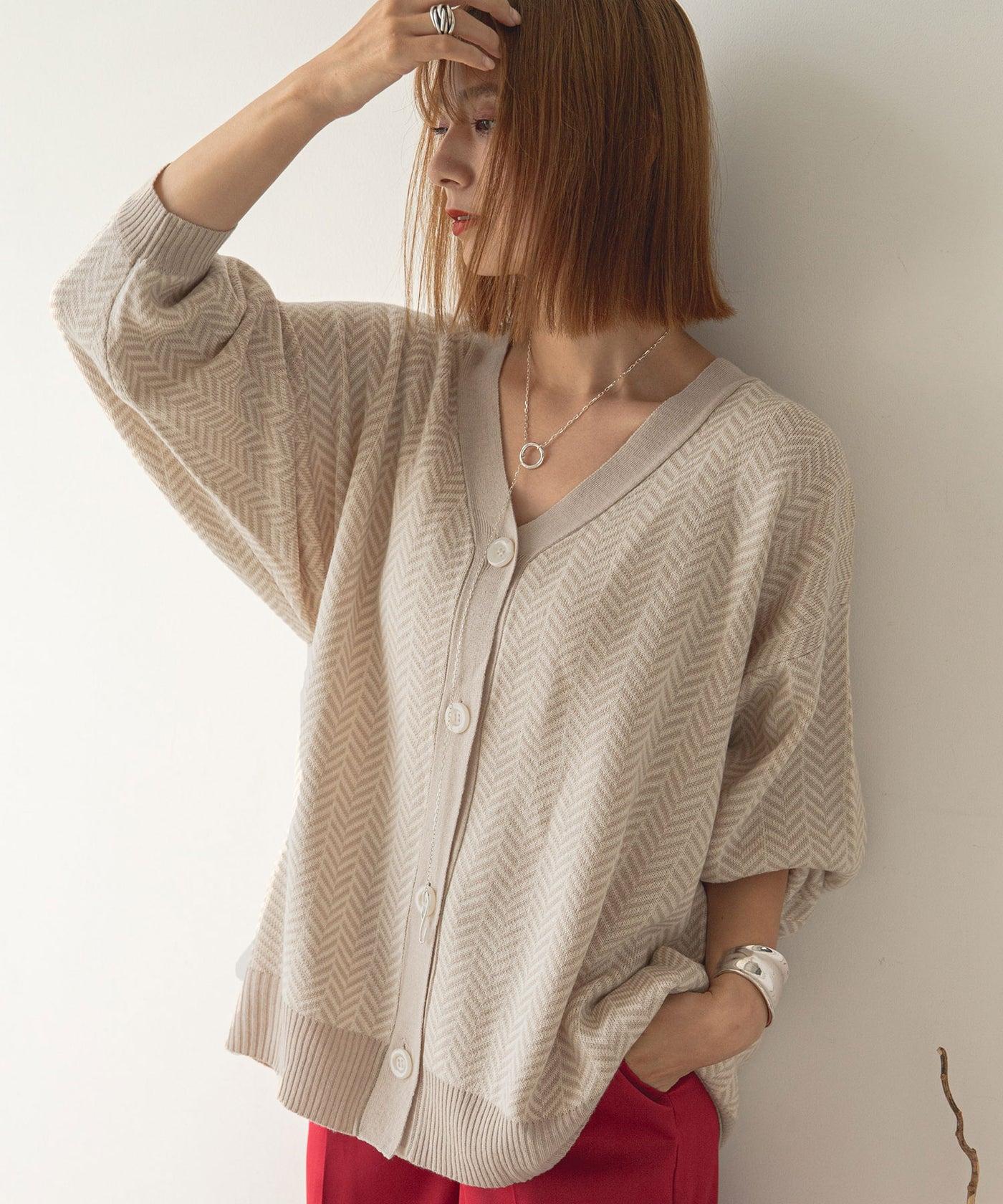 ヘリンボーン柄ジャガードニットカーディガン – レディース