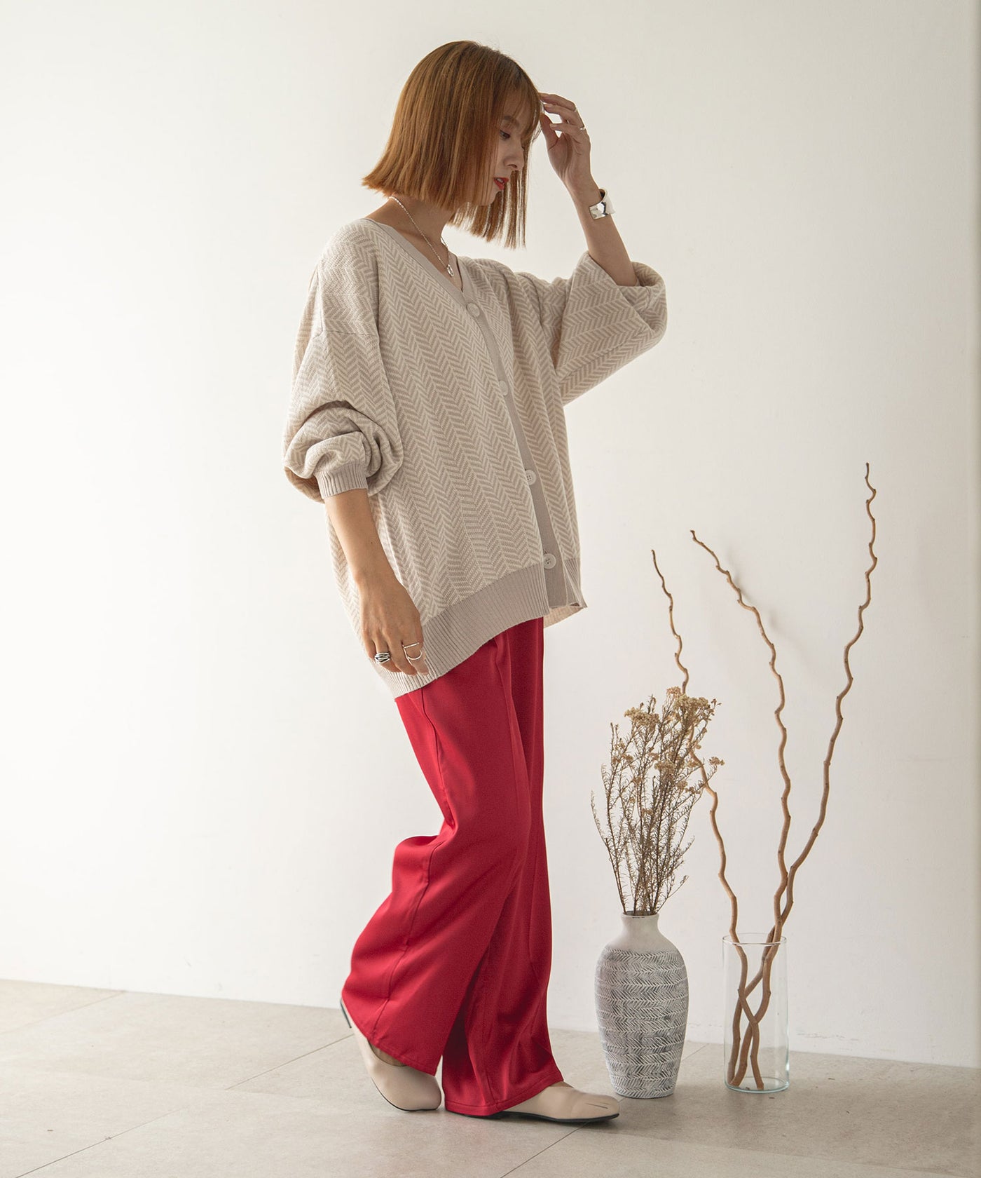 ヘリンボーン柄ジャガードニットカーディガン – レディース