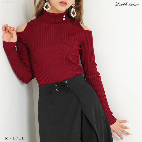 キラキラボタン肩開きリブニットトップス