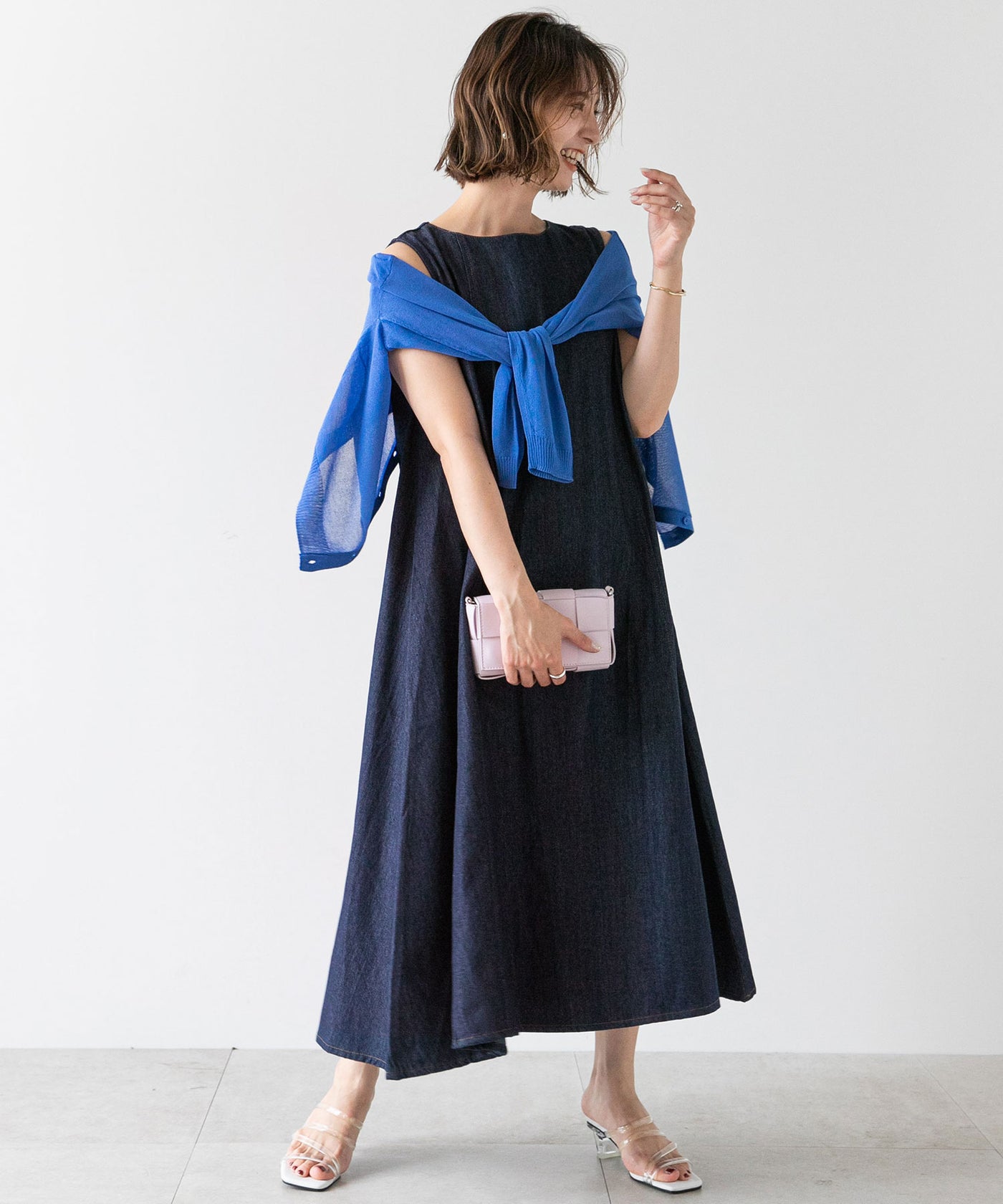 再入荷 リュクス 綺麗め ノースリーブ デニム ドレス ワンピ セール】 デニムノースリーブワンピース （ロング・マキシ丈