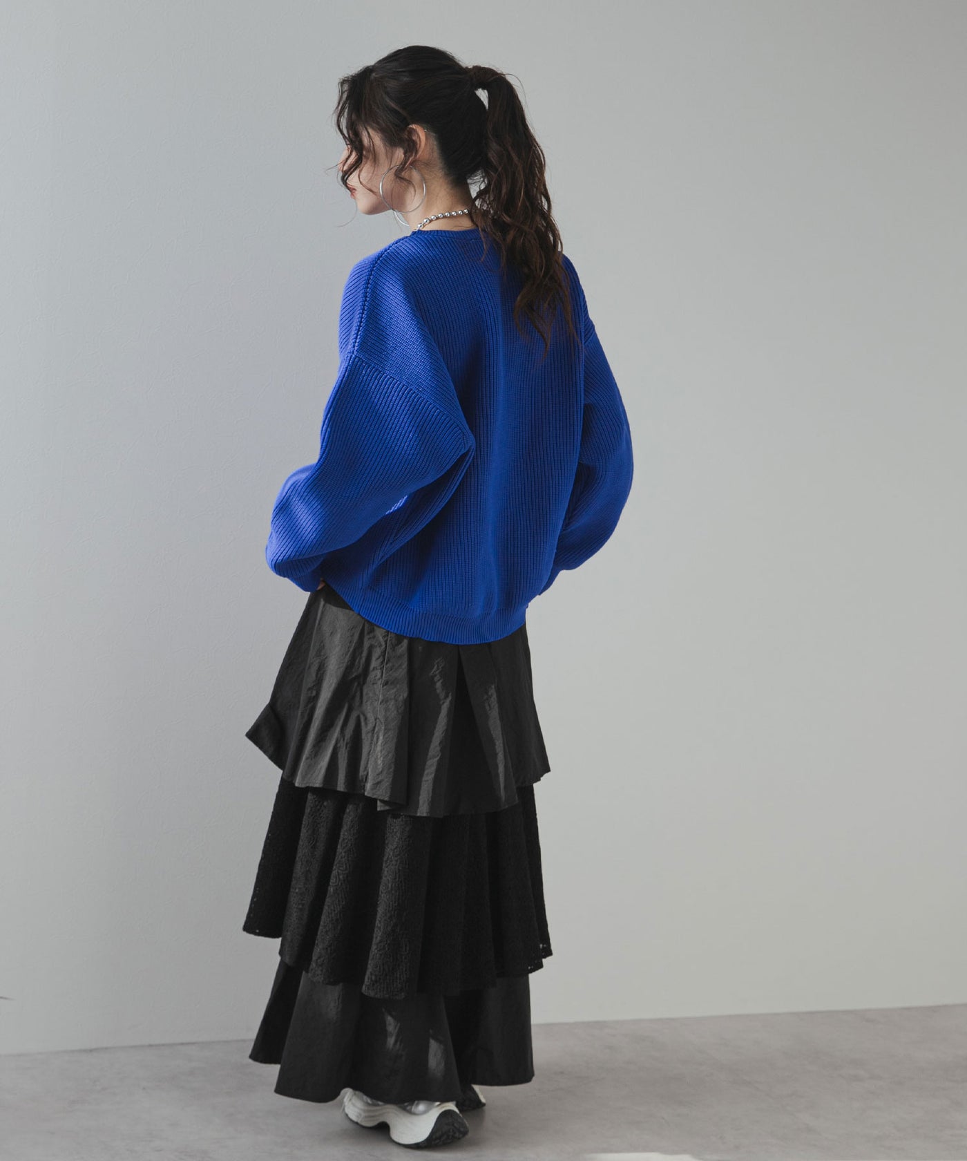 美品 ダーマコレクション ウール混 フレアニット 変形トップス 切り替え ブルー 美品 ダーマコレクション ウール混 フレアニット 変形トップス