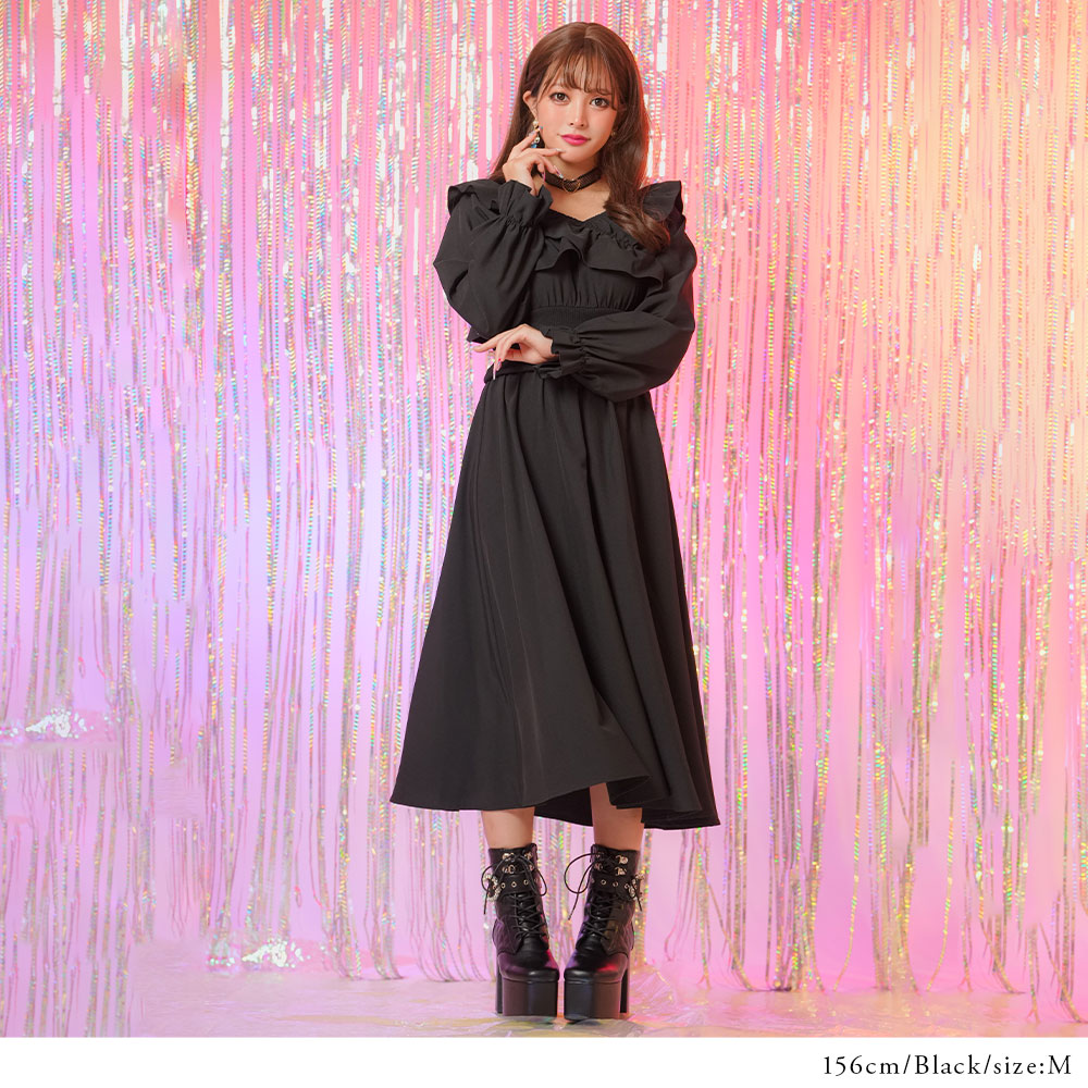 Chloe クロエ Ｖネック 裾フリル ノースリーブ ワンピース レディース 黒 KOEISTORE ワンピース レディース 春 夏 春夏 黒 紺 ロング