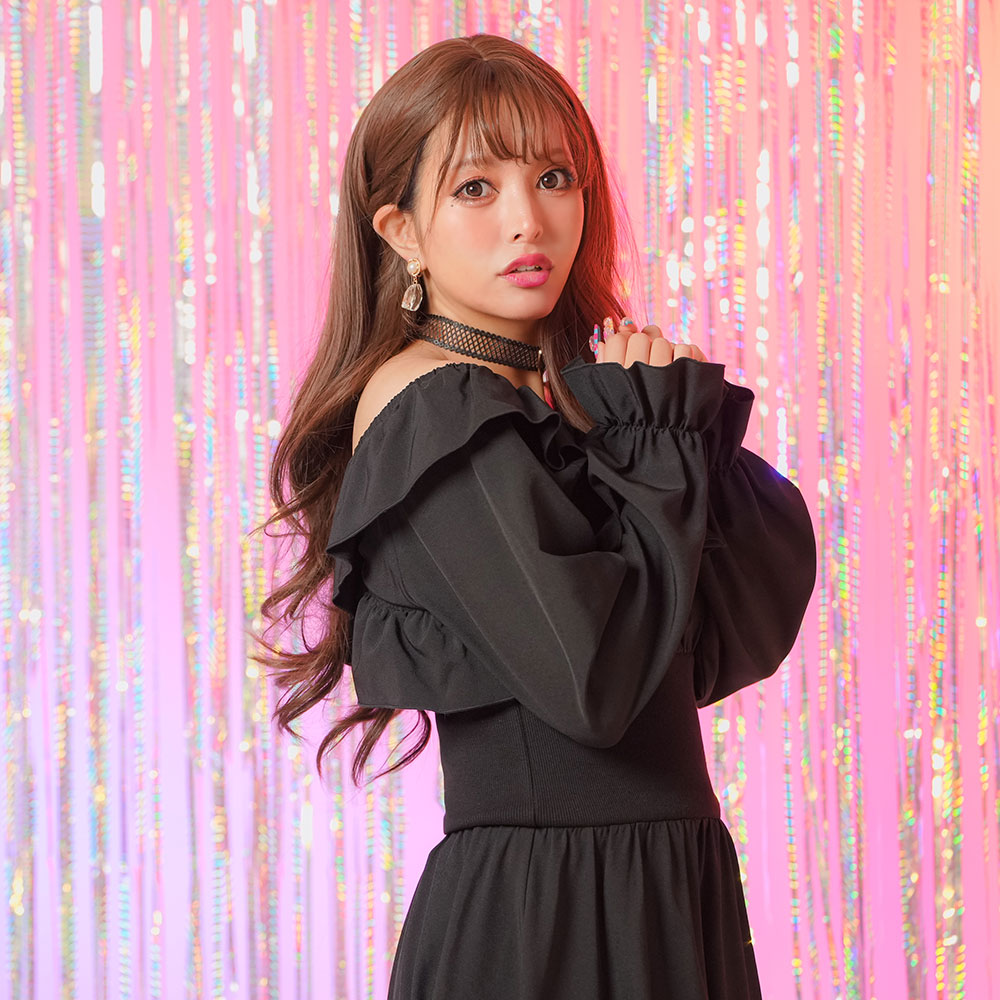 2wayオフショルカシュクールフリルカラーウエストリブワンピース