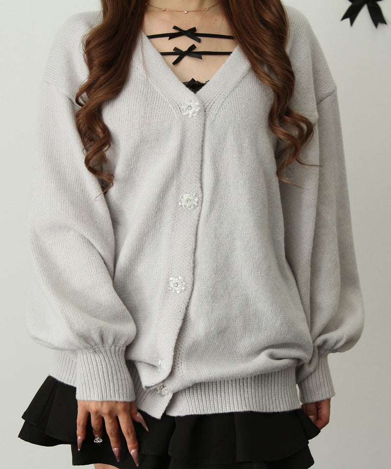 Vネックあざといビジュー釦カーディガン【ニット】