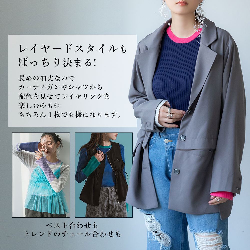 tシャツ 袖 フレア 配色 プルオーバー レディース 袖フレア配色リブニットプルオーバー トップス レディース