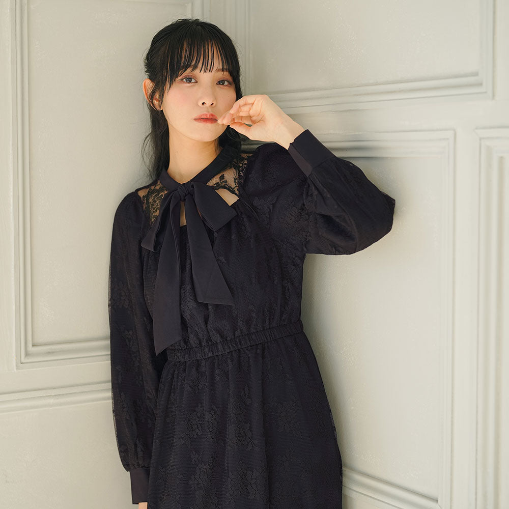 【Since Then】人気☆ レース リボン 長袖 ワンピース ドレス SinceThenレース＆リボン装飾長袖デザインワンピースドレス