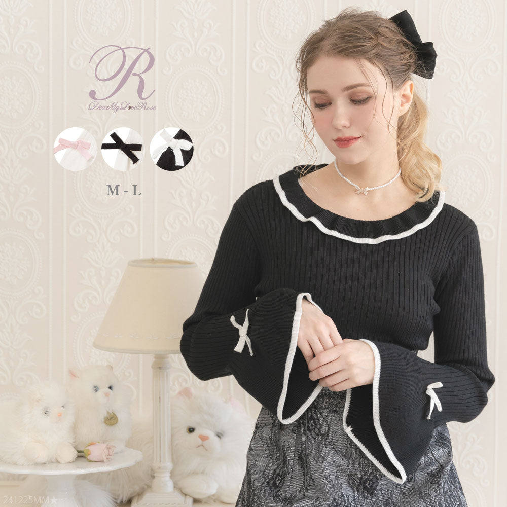 フレアスリーブミニリボンリブニットトップス – レディース