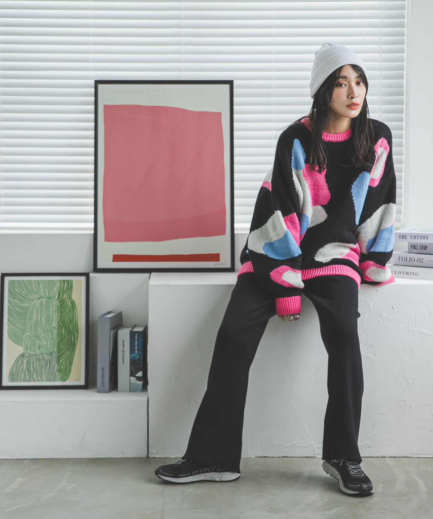 カラフルモチーフ柄オーバーサイズニット – レディースファッション