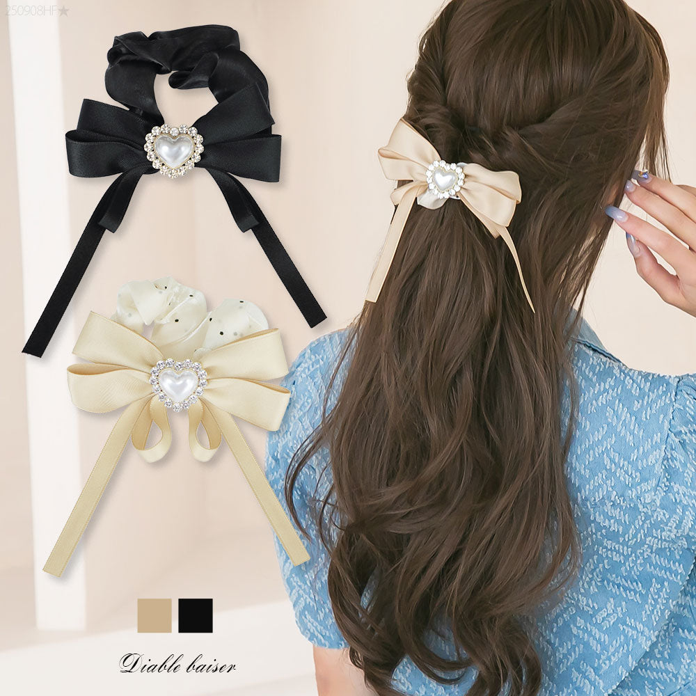 キラキラハートパールビジューリボンサテンゴム – レディース