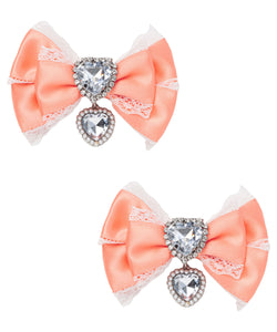 キラキラハートビジューレース2個セットリボンクリップ