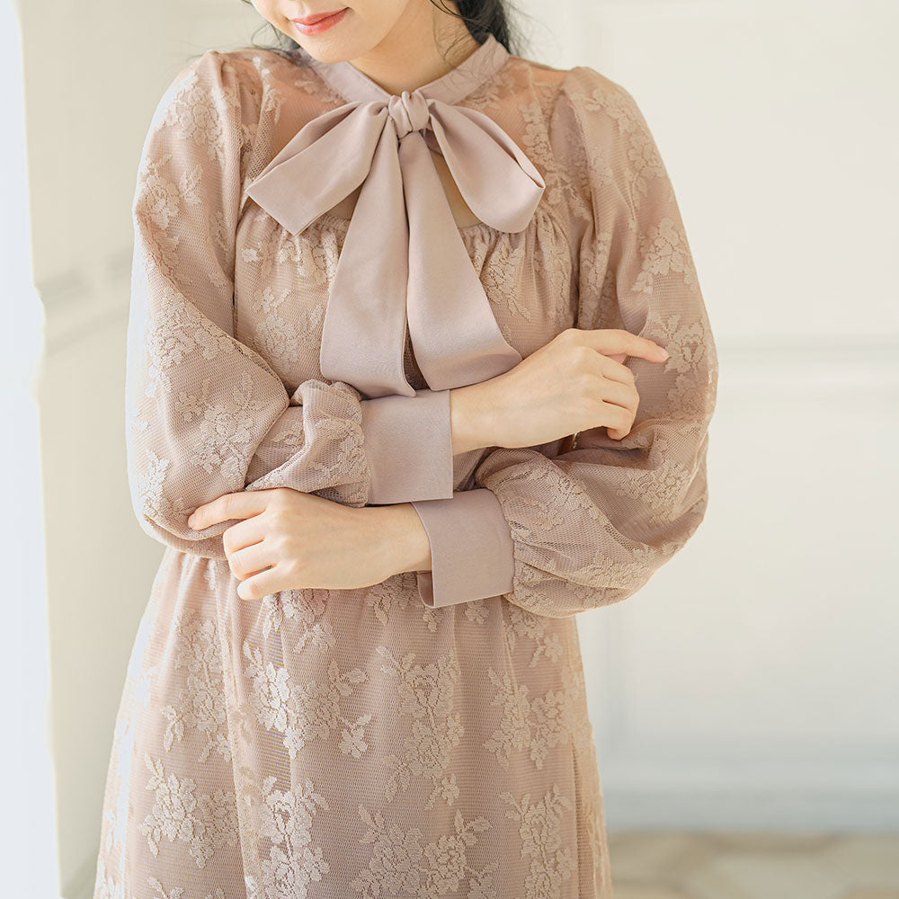 プラスサイズ】総レースリボンタイワンピース – レディース